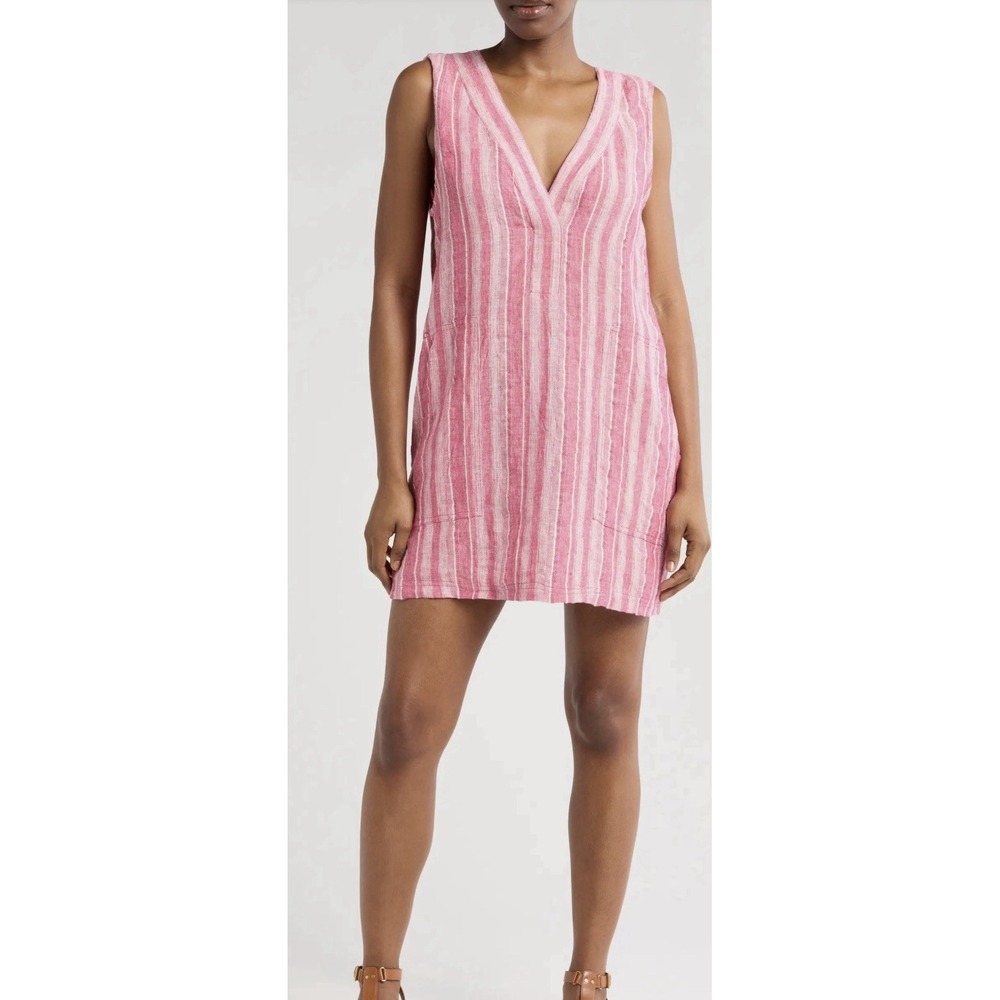 Faherty 100% Linen Sleeveless Dress Pink Stripes Pockets Azure Size Med